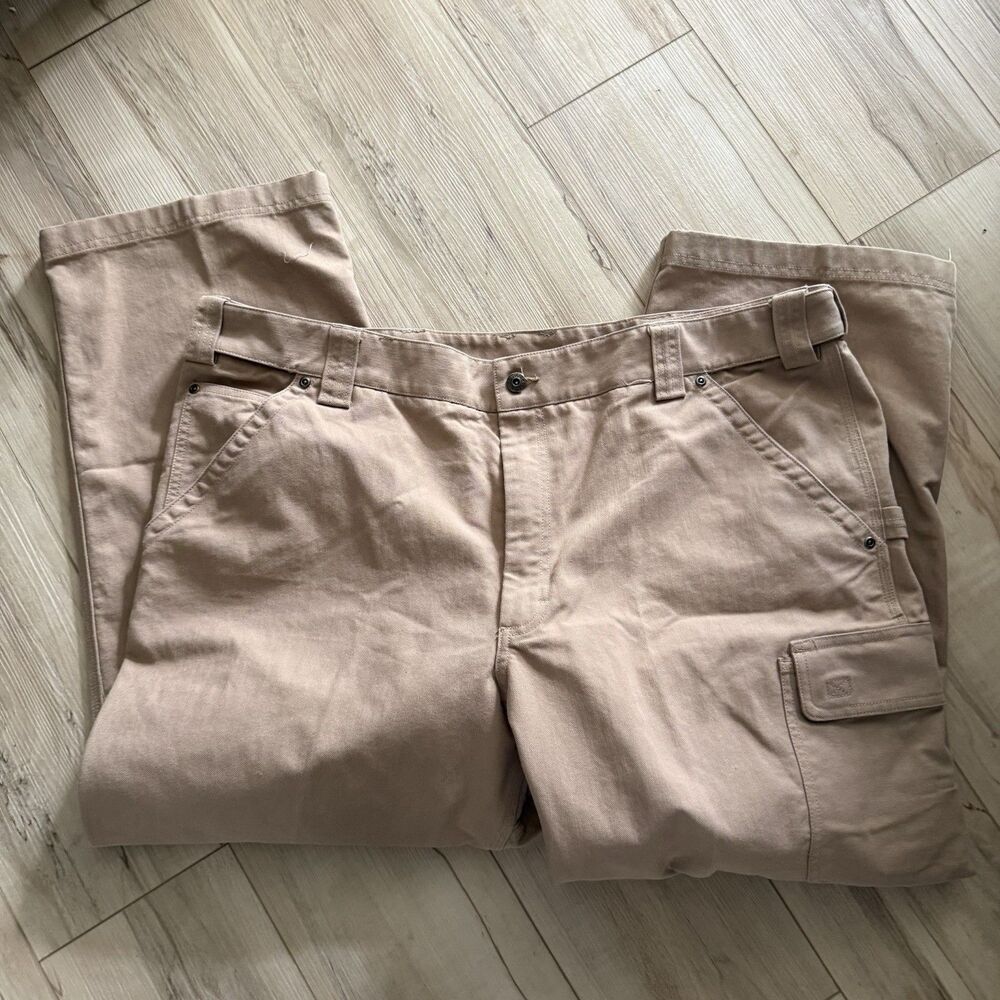 Rugged Canvas Work Pants Mens Tan Relaxed Fit Carpenter Cargo Sz 46X30